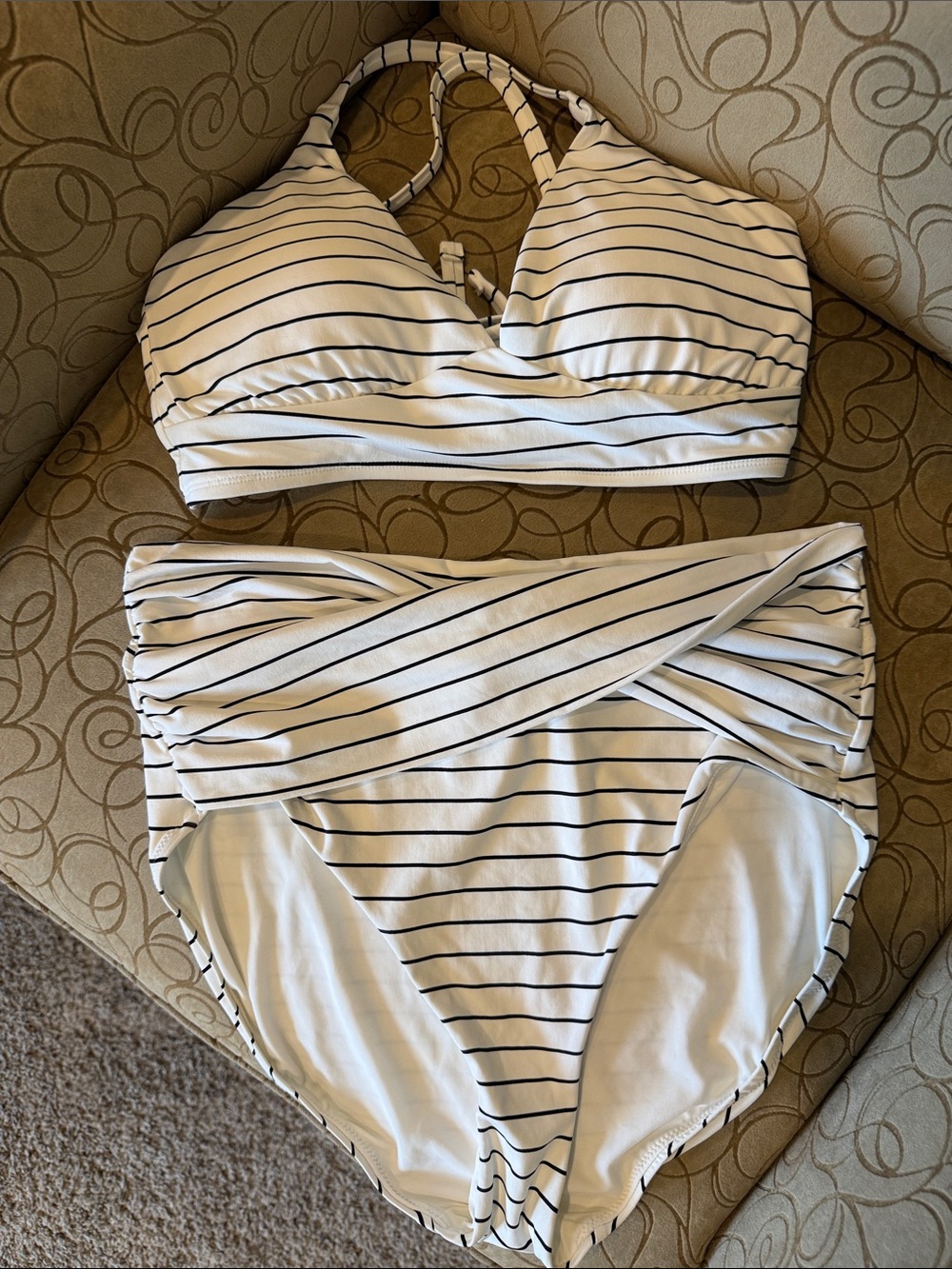 Calla by Carrie Underwood Striped White & Black High-Waist Bikini- Medium NWOT